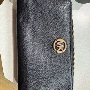 Michael Kors Black Pebbled Leather Zip-Around Wallet with Gold MK Logo